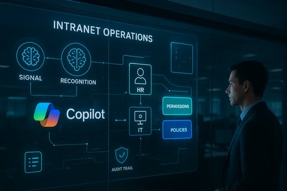 A man in a suit examines a glowing neon blue intranet operations diagram.