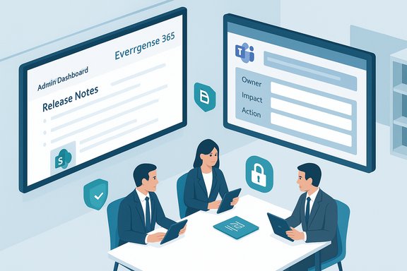 Three professionals review admin dashboards and release notes on large screens.