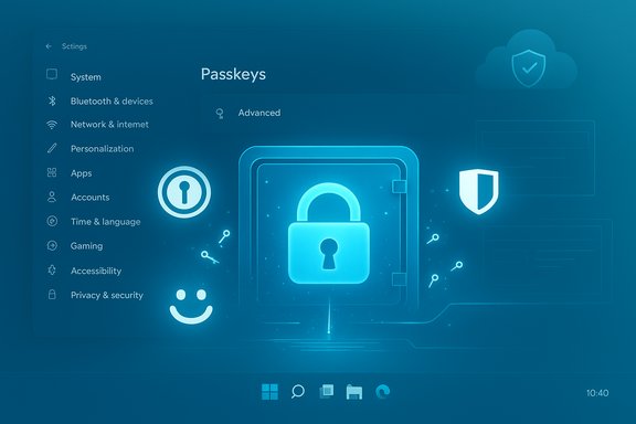 Blue digital security dashboard showing Passkeys settings and a glowing lock icon.
