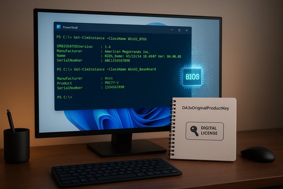 Desk setup with a monitor displaying BIOS info via PowerShell and a notebook labeled Original Product Key.