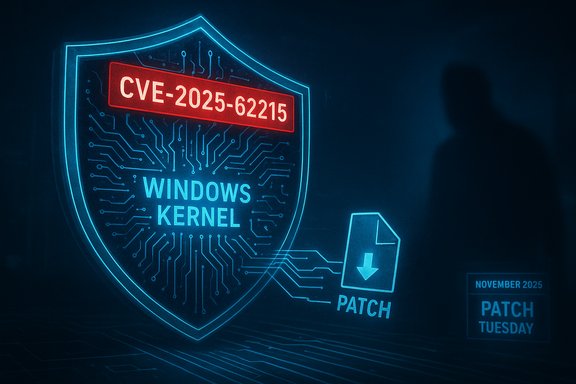 Neon shield shows Windows Kernel CVE-2025-62215 with a patch icon and Patch Tuesday.