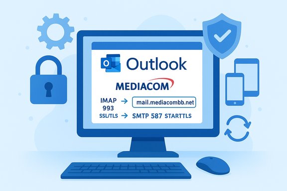 Outlook email setup with Mediacom: IMAP/SSL/TLS and SMTP STARTTLS.