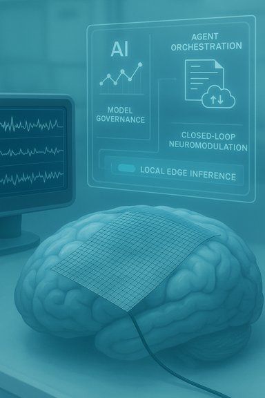Brain with an implanted grid sensor connected to AI dashboards for neuromodulation.