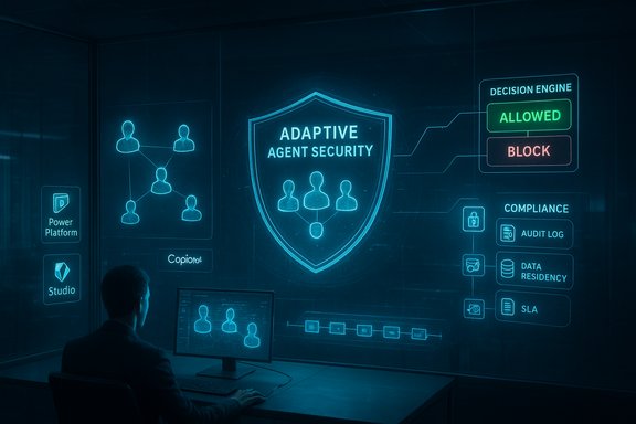 A security analyst monitors adaptive agent security on a holographic dashboard.