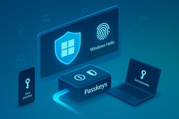 Windows Hello and passkeys shown as cross-device secure login icons.