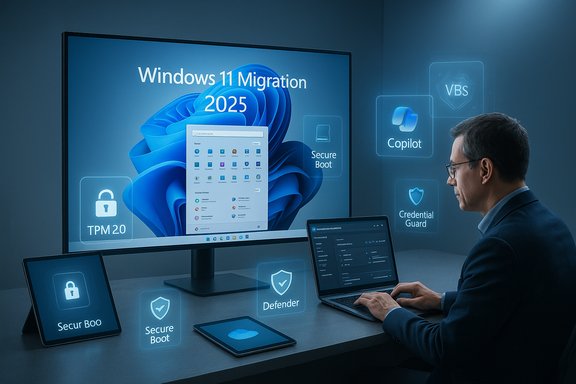 Tech pro oversees Windows 11 Migration 2025 with TPM 2.0, Secure Boot and Defender.