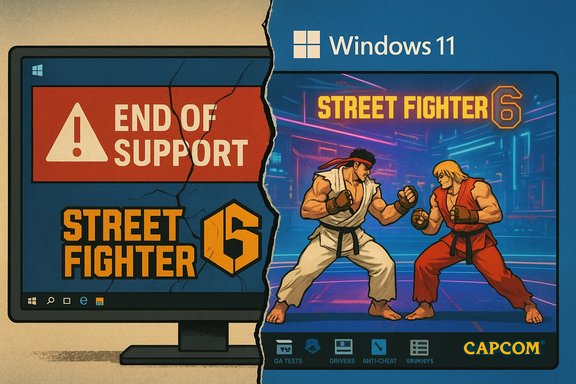 A torn split-screen shows Street Fighter 6 on Windows 11, with an “End of Support” warning.