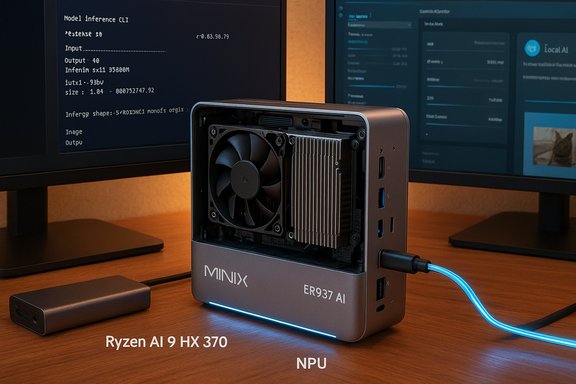MINIX ER937 AI NPU mini PC with exposed cooling, Ryzen AI 9 HX 370, blue LED cable.