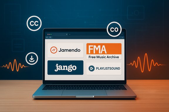Laptop displays CC/CO music platforms: Jamendo, FMA, Jango, PlaylistSound.