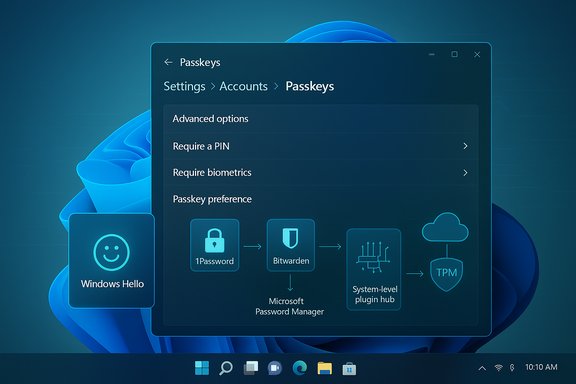 Windows 11 Passkeys settings screen showing PIN, biometrics, and password manager options.