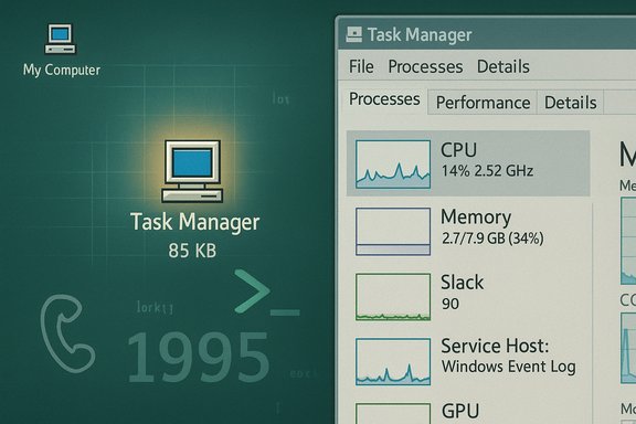 Retro Windows desktop featuring a glowing Task Manager window and a “My Computer” icon.