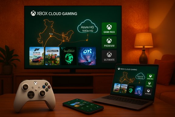 Cozy living room setup displaying Xbox Cloud Gaming on TV and laptop with a controller.