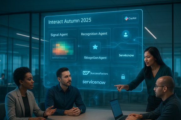 A diverse team reviews a holographic interface titled Interact Autumn 2025 in a modern conference room.