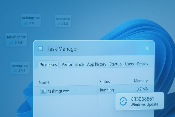 Blue-tinted Windows Task Manager window showing the Processes tab with a Windows Update badge.