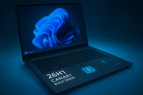 Windows 11 laptop running Canary build 28000, with a glowing blue B on the touchpad.
