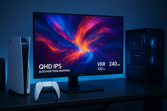 Blue-lit gaming desk with a large monitor, PS5, and a PC tower.