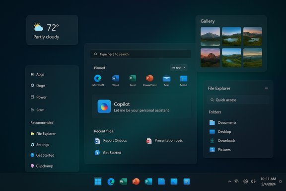 A dark, glassy desktop with floating widgets for weather, search, apps, gallery, and files.