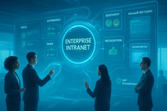 A business team reviews a blue, holographic enterprise intranet dashboard.