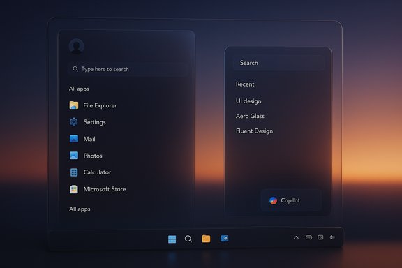 Dark glassy desktop showing a split search panel with apps on the left and topics on the right.