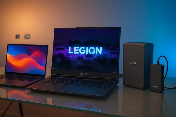 Legion laptop centered between a slim second laptop and an Anker power hub on a glass desk.