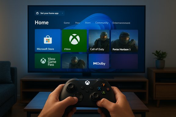 Person holds an Xbox controller as the Xbox home screen fills the TV.
