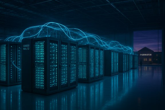 A futuristic data center with blue neon cables arching over glowing server racks.