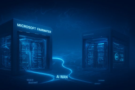 Two blue-lit server pods labeled Microsoft Fairwater, linked by a glowing AI WAN.