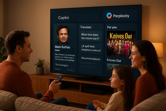 A family on a couch watches a smart TV displaying Copilot and Perplexity app cards.