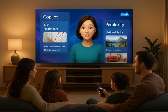 A family sits on a couch watching a large screen with an AI avatar and topic panels.