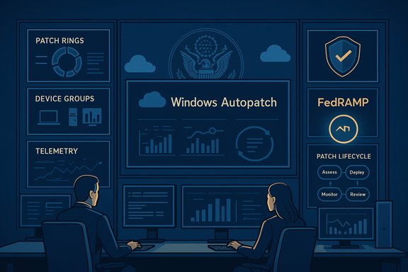 Two analysts monitor Windows Autopatch dashboards on a high-tech control wall.