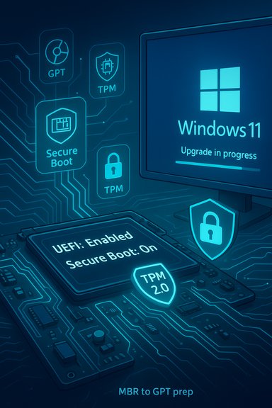 Windows 11 upgrade screen with TPM, Secure Boot, and GPT/UEFI icons.