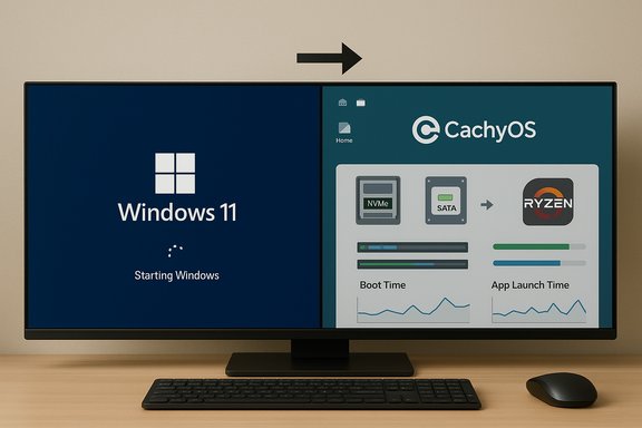 Split monitor shows Windows 11 on the left and CachyOS with performance charts on the right.