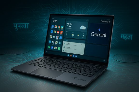 Sleek X Elite laptop with Android widgets and a Gemini panel on a teal circuit-themed backdrop.