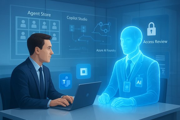 A man in a suit works on a laptop across from a blue holographic AI assistant.