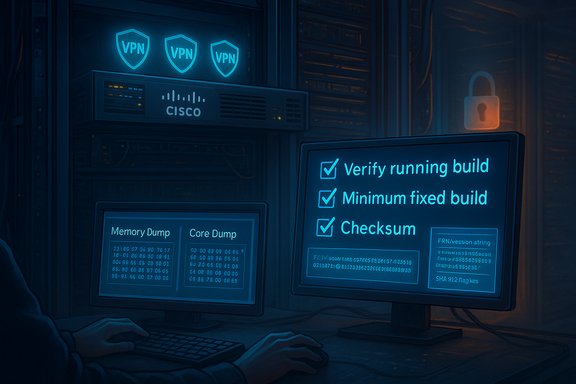 A dark server room with a person at a keyboard, monitoring Cisco build checks and glowing VPN shields.