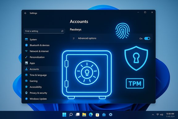 Windows 11 Settings screen focused on Accounts and Passkeys with glowing neon security icons.