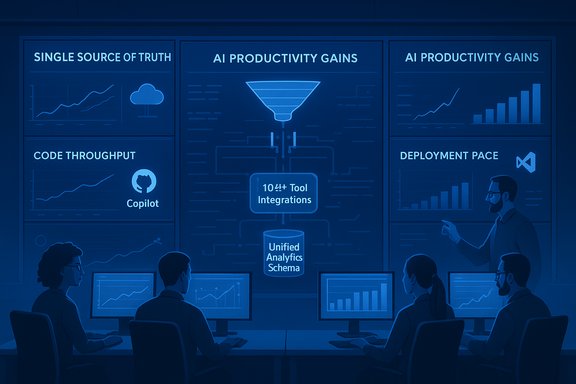 A blue-lit command room with dashboards showing AI productivity, code throughput, and deployment pace.