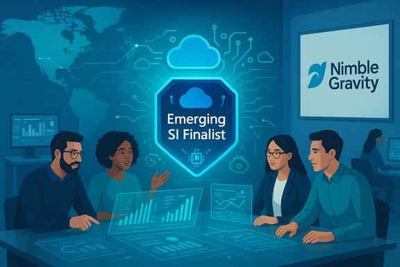 A diverse team collaborates around a glowing Emerging SI Finalist badge in a tech-filled room.