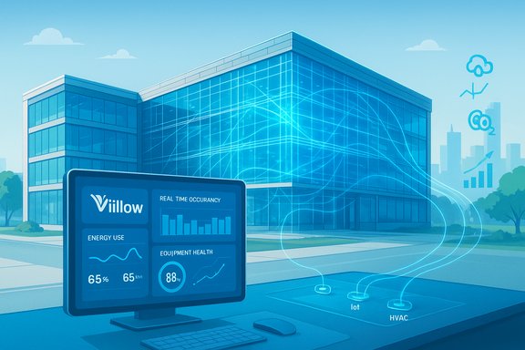 Smart building with a real-time energy dashboard tracking occupancy, energy use, and equipment health.