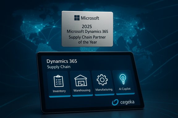 Microsoft Dynamics 365 Supply Chain dashboard beneath a 2025 Partner of the Year plaque.