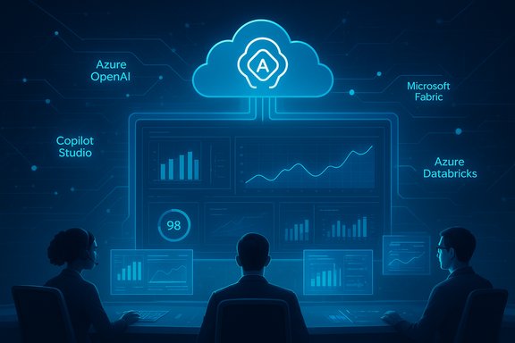 Three analysts monitor a blue AI cloud dashboard featuring Azure OpenAI and data charts.