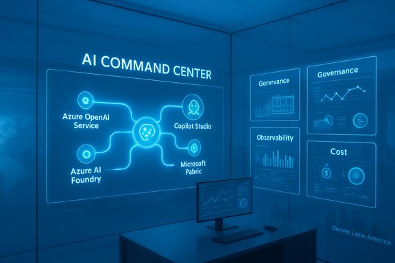 AI Command Center with a glowing blue dashboard of Azure AI services and governance panels.