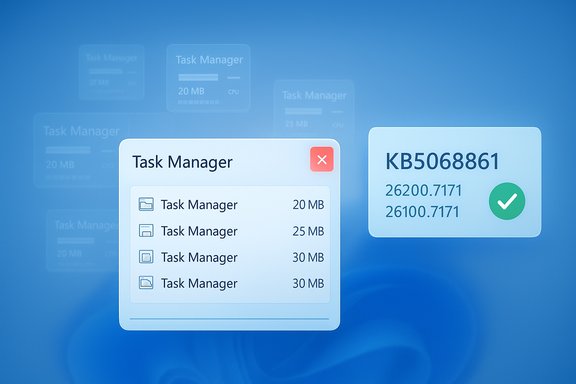 Floating Task Manager panels hover on a blue background, displaying memory sizes and a KB update with a green check.