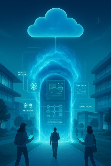 People stand before a glowing cloud data portal with holographic data panels.