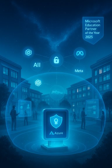 Blue-hued campus scene showcasing Azure security hub and the 2025 Microsoft Education Partner badge.
