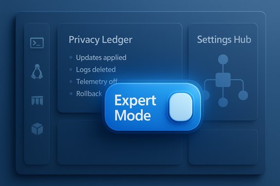 Blue UI dashboard with an Expert Mode toggle over Privacy Ledger and Settings Hub panels.