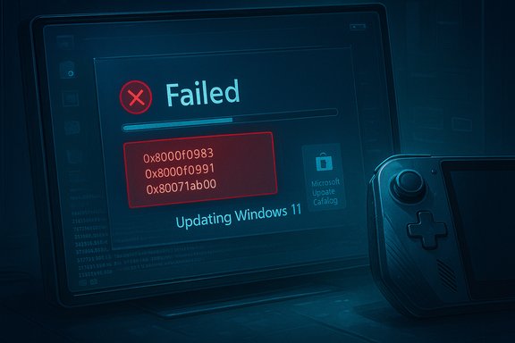 Screen shows a Windows 11 update failed message with error codes, beside a handheld game controller.