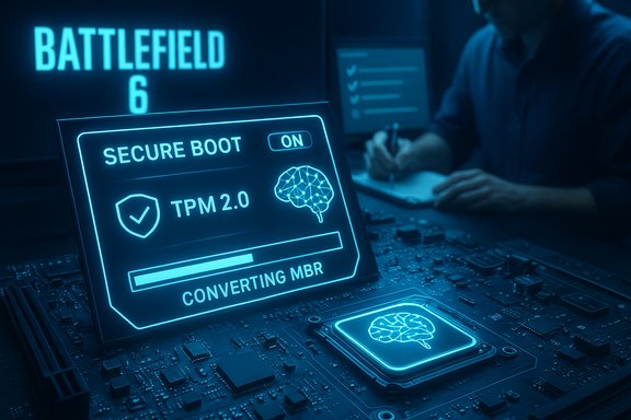 Blue-lit tech scene showing Secure Boot ON, TPM 2.0, and a brain icon on a motherboard near Battlefield 6.
