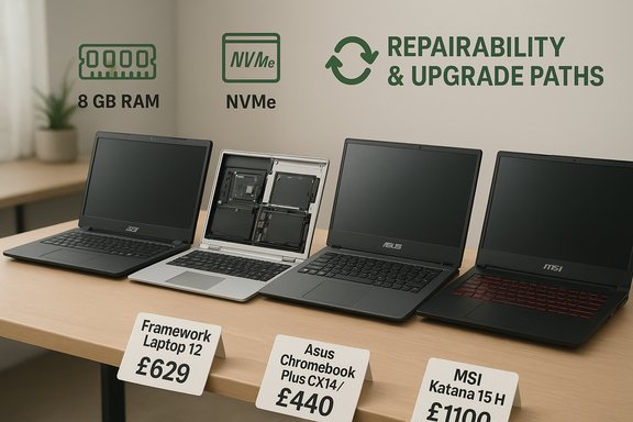 Laptops on a display table with repairability and upgrade-path signage.