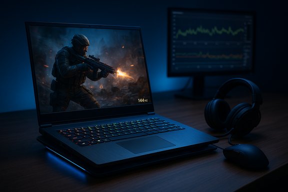 Blue-lit gaming setup with a laptop displaying a soldier in combat, plus headset and mouse.